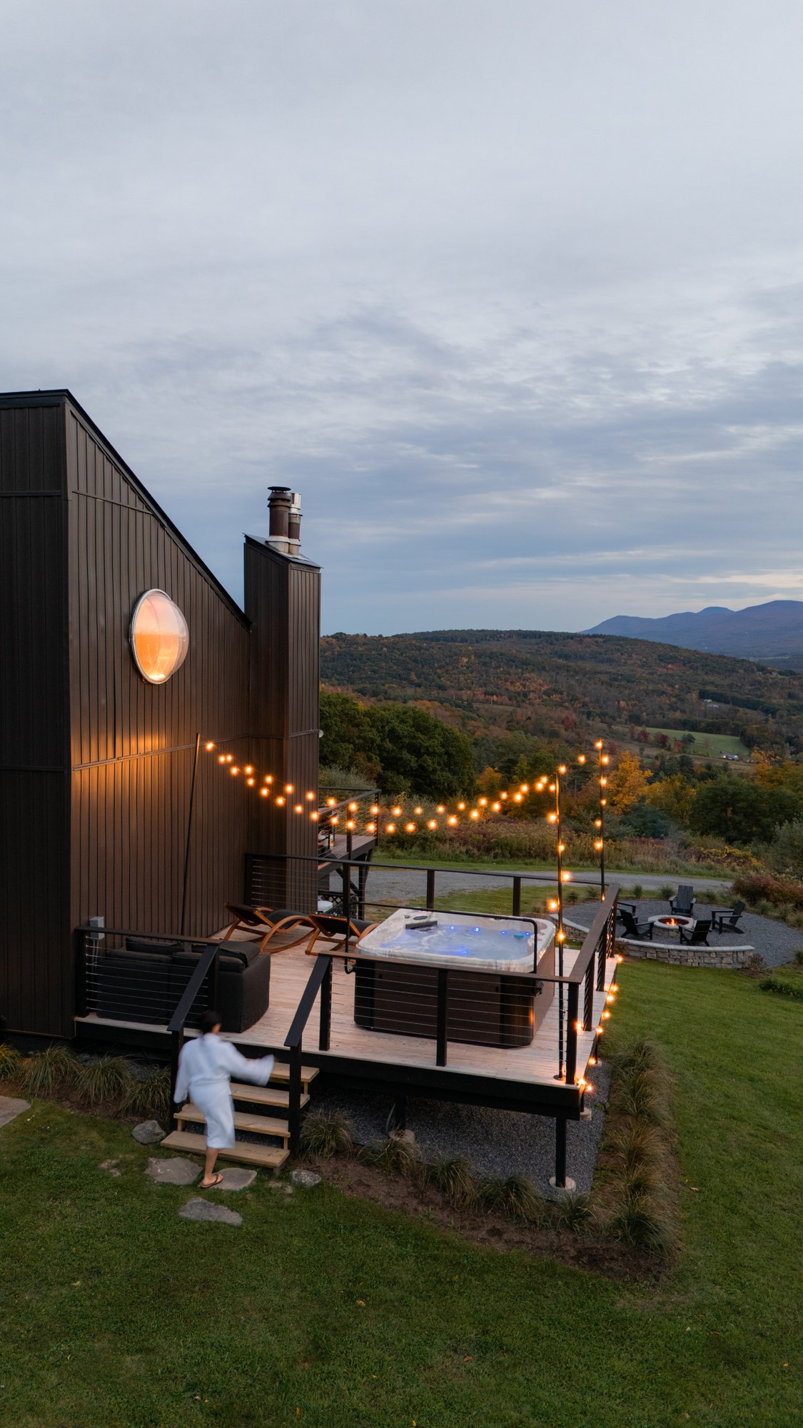 Hollow Sky hot tub and deck lights overlooking the autumn landscape